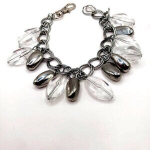Clear Acrylic + Silver Beaded Chainmail Bracelet Silver Tone 9"